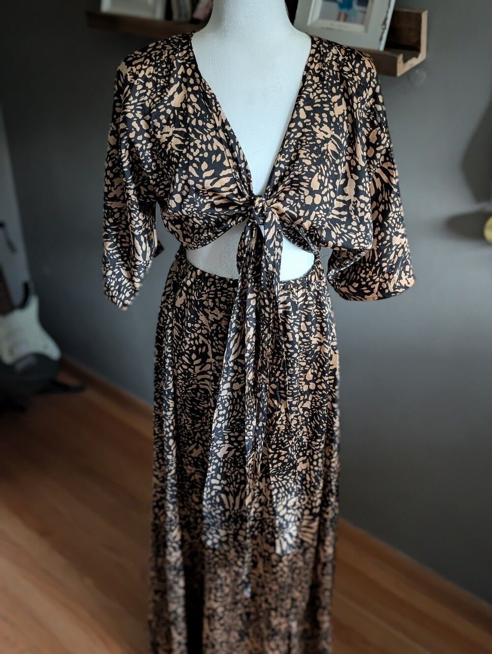 Baltic Born Animal Print  Cutout Maxi Dress Tie Front Black Tan Small